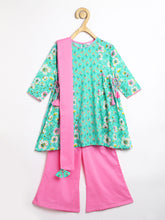 Load image into Gallery viewer, Campana Girls Kavya Panelled Kurta with Flared Pants &amp; Dupatta Set - Floral Print - Sea Green &amp; Pink
