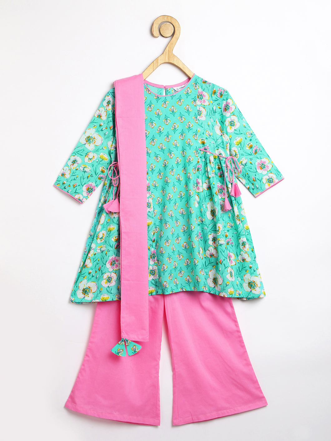 Campana Girls Kavya Panelled Kurta with Flared Pants & Dupatta Set - Floral Print - Sea Green & Pink