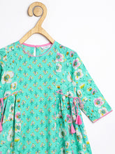 Load image into Gallery viewer, Campana Girls Kavya Panelled Kurta with Flared Pants &amp; Dupatta Set - Floral Print - Sea Green &amp; Pink
