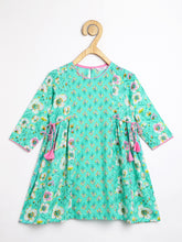 Load image into Gallery viewer, Campana Girls Kavya Panelled Kurta with Flared Pants &amp; Dupatta Set - Floral Print - Sea Green &amp; Pink
