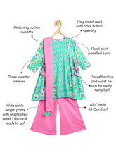 Load image into Gallery viewer, Campana Girls Kavya Panelled Kurta with Flared Pants &amp; Dupatta Set - Floral Print - Sea Green &amp; Pink
