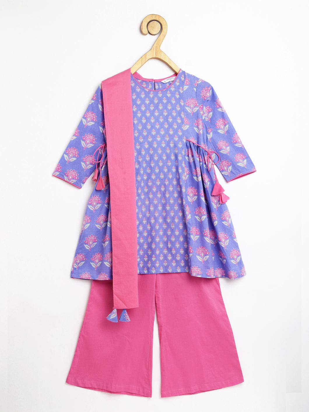 Campana Girls Kavya Panelled Kurta with Flared Pants & Dupatta Set - Floral Print - Purple & Pink