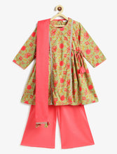 Load image into Gallery viewer, Campana Girls Kavya Floral Printed Cotton Kurta Palazzo Set with Dupatta - Green &amp; Peach
