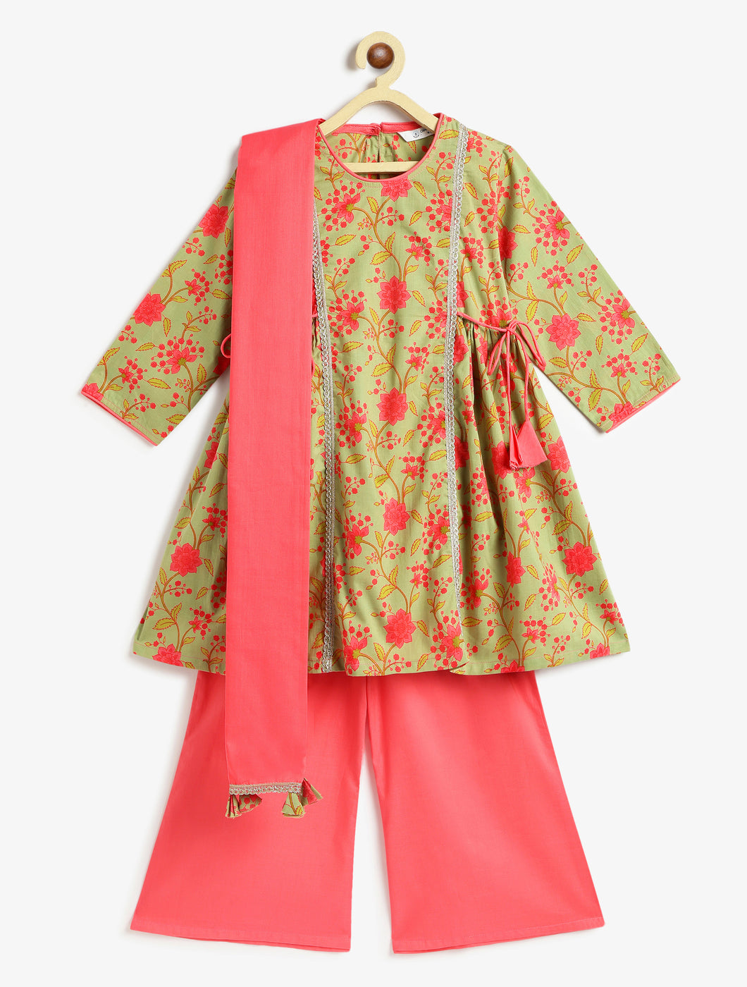 Campana Girls Kavya Floral Printed Cotton Kurta Palazzo Set with Dupatta - Green & Peach
