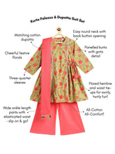 Load image into Gallery viewer, Campana Girls Kavya Floral Printed Cotton Kurta Palazzo Set with Dupatta - Green &amp; Peach
