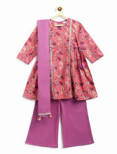 Load image into Gallery viewer, Campana Girls Kavya Floral Printed Cotton Kurta Palazzo Set with Dupatta - Pink &amp; Purple
