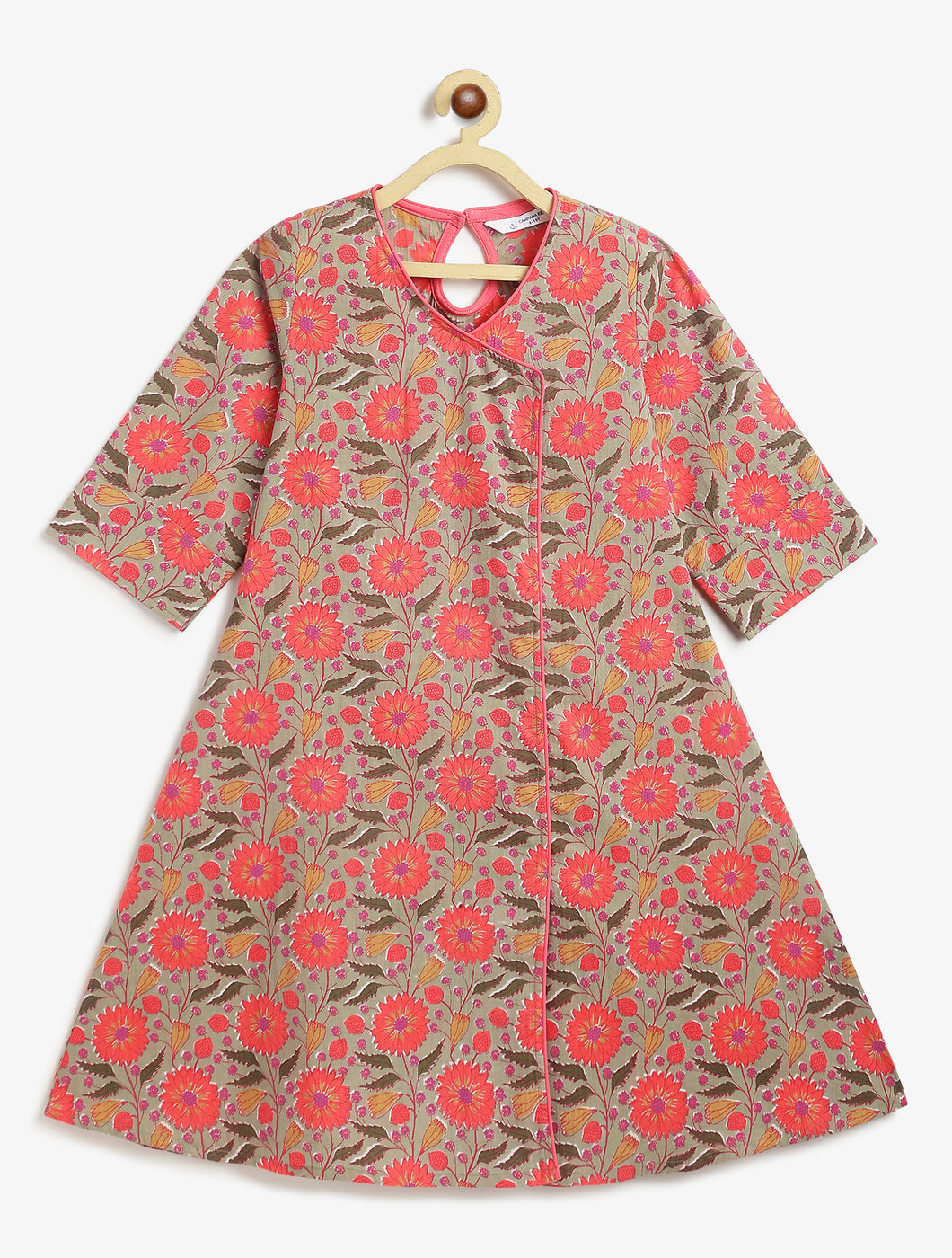 Campana Girls Mira A-Line Kurta - Neon Floral Print - Sage Green & Peach