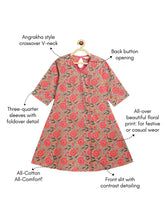 Load image into Gallery viewer, Campana Girls Mira A-Line Kurta - Neon Floral Print - Sage Green &amp; Peach
