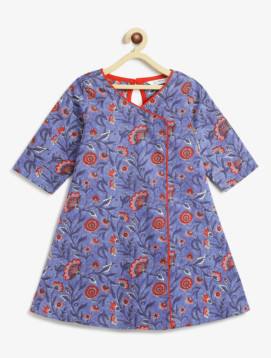 Campana Girls Mira A-Line Kurta - Floral Print - Blue & Red