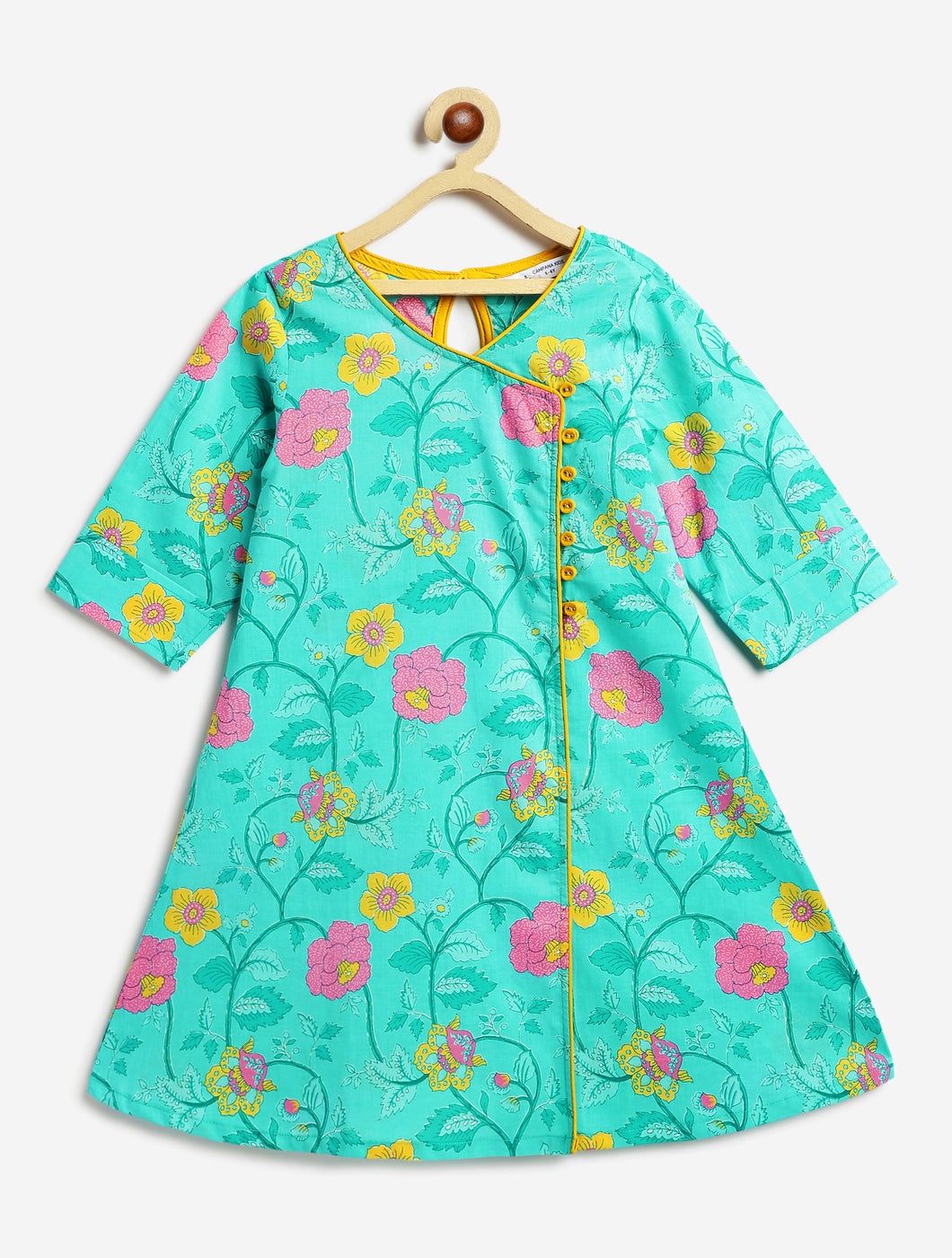 Campana Girls Mira A-Line Cotton Kurta - Bold Floral Print - Turquoise Blue