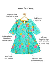 Load image into Gallery viewer, Campana Girls Mira A-Line Cotton Kurta - Bold Floral Print - Turquoise Blue
