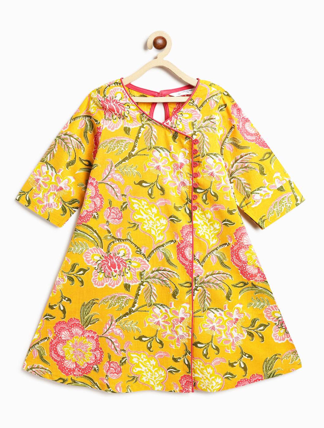 Campana Girls Mira A-Line Cotton Kurta - Floral Print - Yellow & Pink