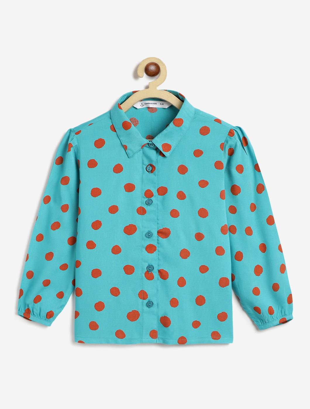 Campana Girls Melody Polka Dots Printed Shirt Style Top - Teal and Orange