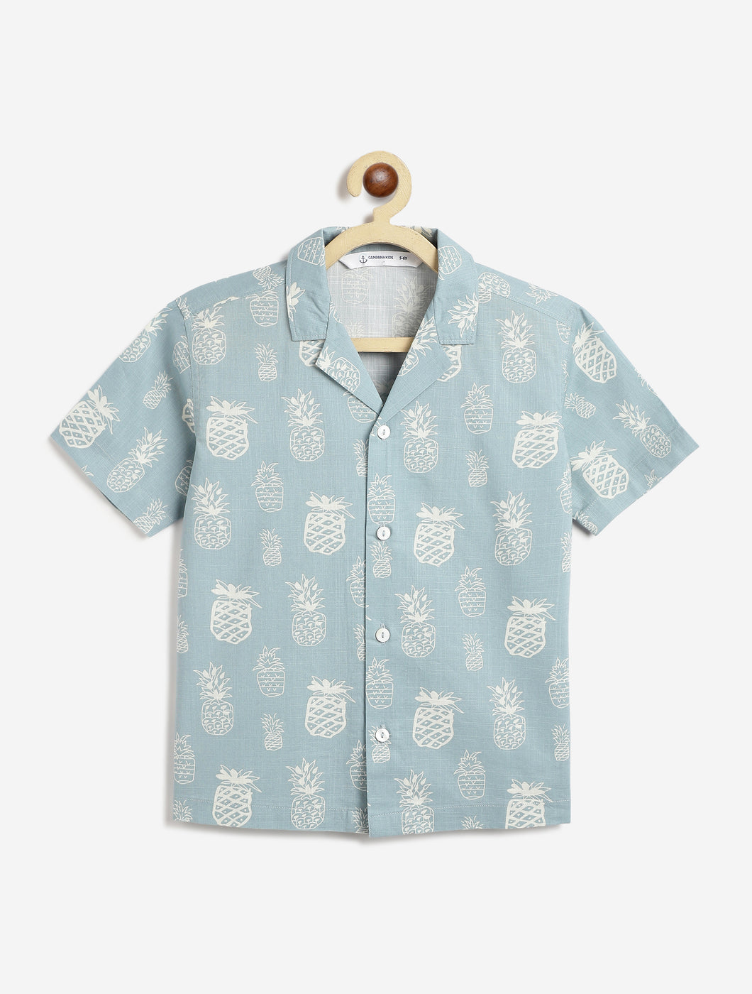 Campana Boys Kenji Half Sleeves Printed Cotton Shirt - Pineapple Print - Light Grey