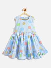 Load image into Gallery viewer, Campana Girls Crystal 100% Cotton Dress with Belt - Flower Doodle Print - Light Blue

