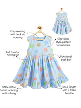 Load image into Gallery viewer, Campana Girls Crystal 100% Cotton Dress with Belt - Flower Doodle Print - Light Blue
