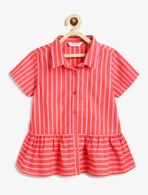 Load image into Gallery viewer, Campana Girls Nova Peplum Frilled Striped Cotton Shirt - Red &amp; Pink
