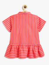 Load image into Gallery viewer, Campana Girls Nova Peplum Frilled Striped Cotton Shirt - Red &amp; Pink
