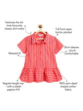 Load image into Gallery viewer, Campana Girls Nova Peplum Frilled Striped Cotton Shirt - Red &amp; Pink
