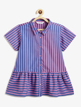 Load image into Gallery viewer, Campana Girls Nova Peplum Frilled Striped Cotton Shirt - Blue &amp; Pink
