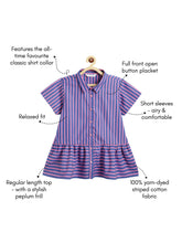 Load image into Gallery viewer, Campana Girls Nova Peplum Frilled Striped Cotton Shirt - Blue &amp; Pink

