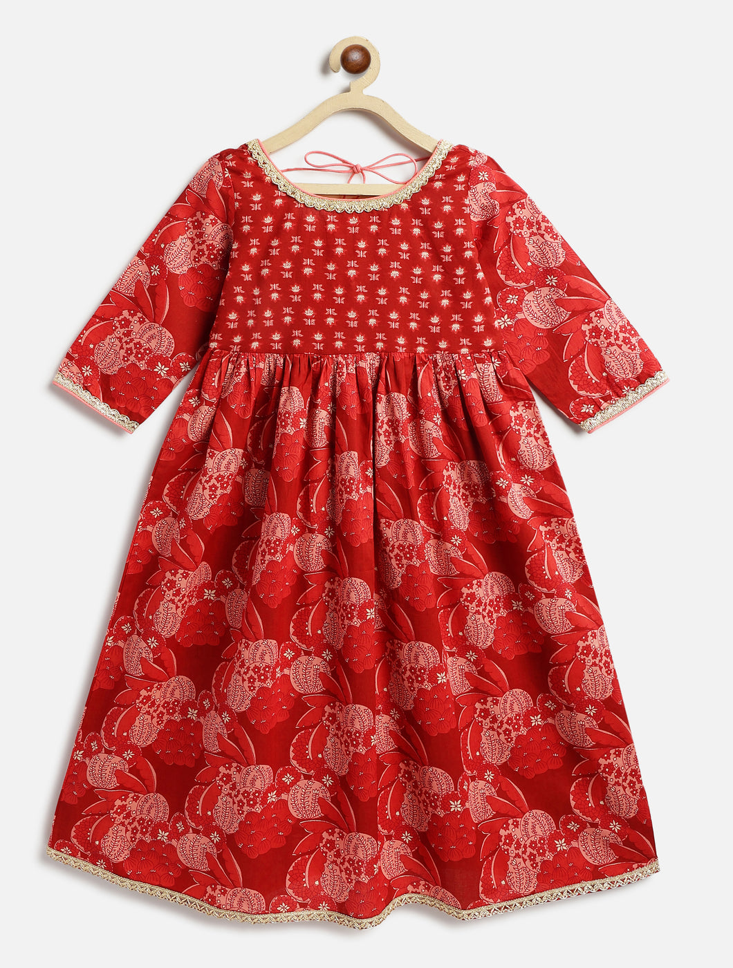 Campana Girls Madhuri Long Cotton Kurta - Blockprint - Maroon & Pink