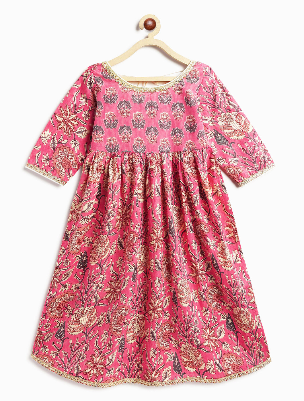 Campana Girls Madhuri Long Cotton Kurta - Blockprint - Cloudy Pink
