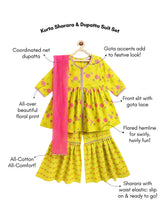Load image into Gallery viewer, Campana Girls Uma Flared Kurta Sharara Set - Flowers &amp; Stripes - Lime Green &amp; Pink
