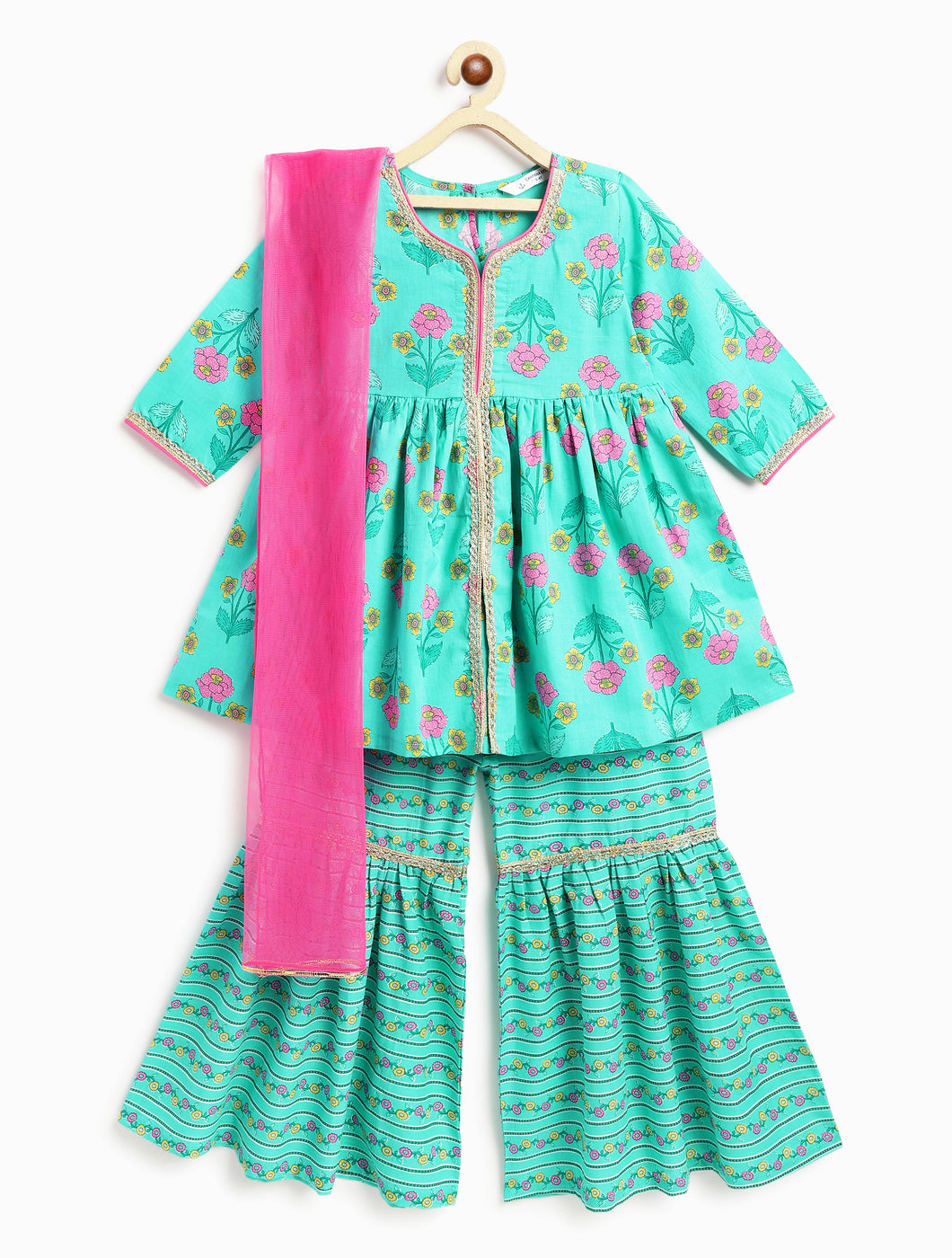 Campana Girls Uma Flared Kurta Sharara Set - Flowers & Stripes - Turquoise & Pink