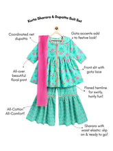Load image into Gallery viewer, Campana Girls Uma Flared Kurta Sharara Set - Flowers &amp; Stripes - Turquoise &amp; Pink
