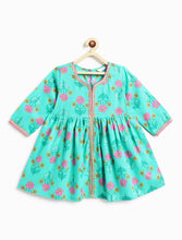 Load image into Gallery viewer, Campana Girls Uma Pure Cotton Floral Printed Kurta Sharara With Dupatta Set - Turquoise &amp; Pink
