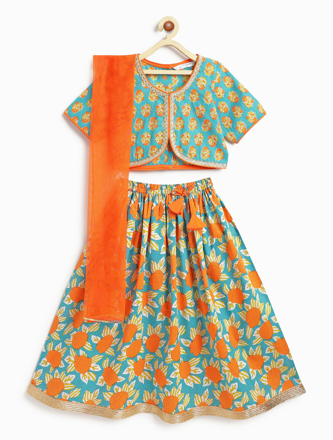 Campana Girls Diya Lehenga Set - Floral Print - Blue & Orange