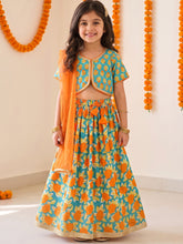 Load image into Gallery viewer, Campana Girls Diya Pure Cotton Floral Printed Lehenga Set - Blue &amp; Orange
