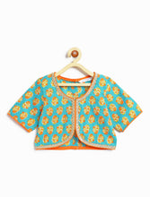 Load image into Gallery viewer, Campana Girls Diya Pure Cotton Floral Printed Lehenga Set - Blue &amp; Orange
