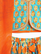 Load image into Gallery viewer, Campana Girls Diya Pure Cotton Floral Printed Lehenga Set - Blue &amp; Orange
