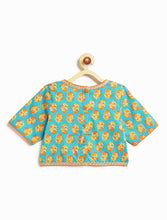 Load image into Gallery viewer, Campana Girls Diya Pure Cotton Floral Printed Lehenga Set - Blue &amp; Orange
