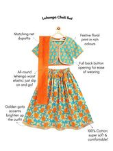 Load image into Gallery viewer, Campana Girls Diya Pure Cotton Floral Printed Lehenga Set - Blue &amp; Orange
