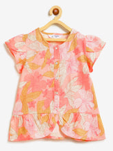 Load image into Gallery viewer, Campana Girls Pure Cotton Floral Printed Peplum Top - Pink &amp; Brown
