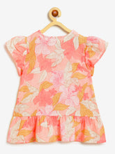 Load image into Gallery viewer, Campana Girls Pure Cotton Floral Printed Peplum Top - Pink &amp; Brown
