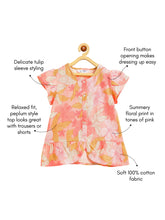 Load image into Gallery viewer, Campana Girls Pure Cotton Floral Printed Peplum Top - Pink &amp; Brown
