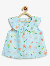 Load image into Gallery viewer, Campana Girls Nina Pure Cotton Frilled Yoke Printed Top - Light Blue
