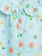 Load image into Gallery viewer, Campana Girls Nina Pure Cotton Frilled Yoke Printed Top - Light Blue

