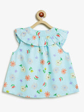 Load image into Gallery viewer, Campana Girls Nina Pure Cotton Frilled Yoke Printed Top - Light Blue
