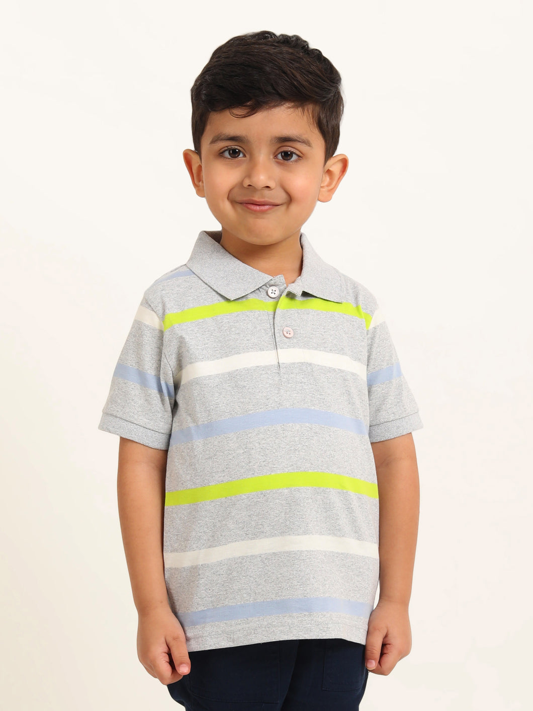 Campana Boys Pablo Short Sleeves Polo T-Shirt - Broad Breton Stripes - Grey & Multicolour