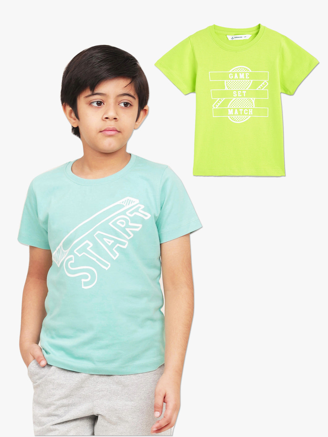 Campana Boys Daniel Pack of 2 Half Sleeves Printed Cotton T-shirts - Lime Green & Light Blue