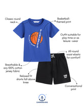 Load image into Gallery viewer, Campana Boys Daniel Half Sleeves T-Shirt with Shorts Clothing Set - Basketball Print - Purplish Blue &amp; Black
