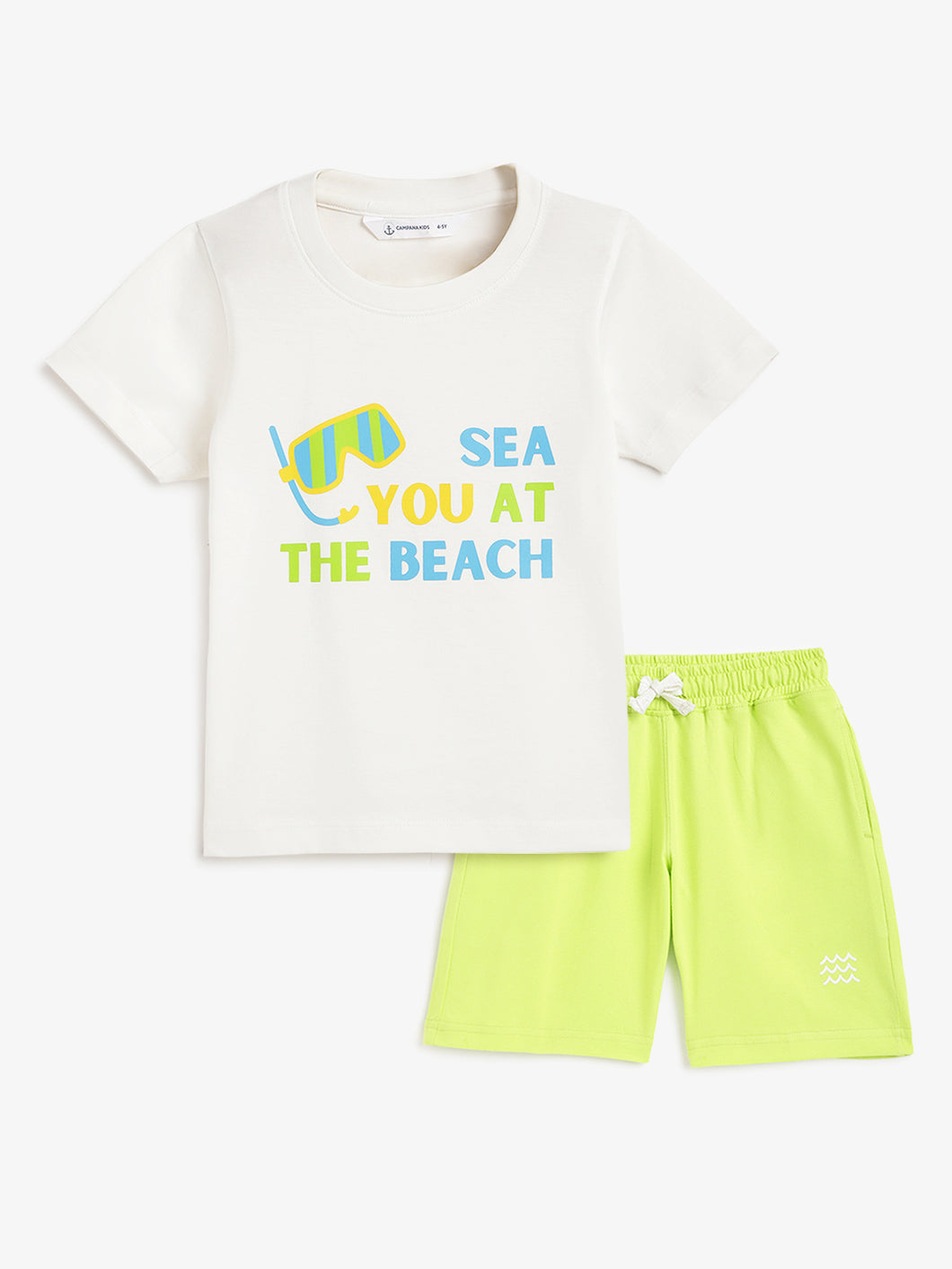 Campana Boys Daniel Half Sleeves T-Shirt with Shorts Clothing Set - Beach Print - White & Lime Green