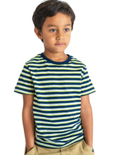 Load image into Gallery viewer, Campana Boys Pure Cotton Short Sleeves Round Neck Striped T-Shirt - Navy, Lime Green &amp; Grey
