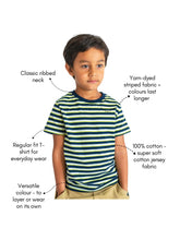 Load image into Gallery viewer, Campana Boys Pure Cotton Short Sleeves Round Neck Striped T-Shirt - Navy, Lime Green &amp; Grey
