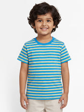 Load image into Gallery viewer, Campana Boys Pure Cotton Short Sleeves Round Neck Striped T-Shirt - Blue, Yellow &amp; Grey
